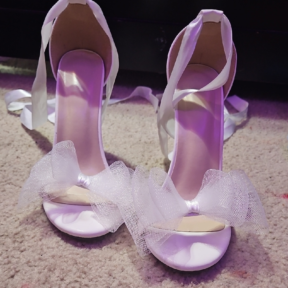 White Satin Stiletto Heels with Bow Detail